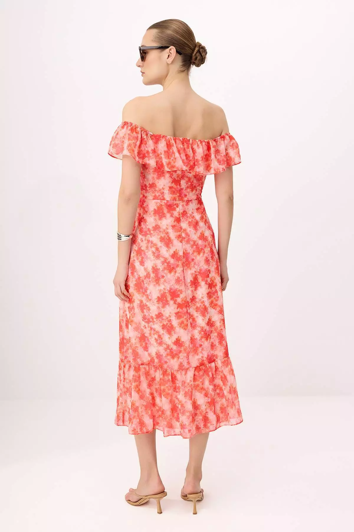 Multi-Colored Floral Skirt With Flared / Ruffled Waistband Midi Woven Dress Twoss25El278