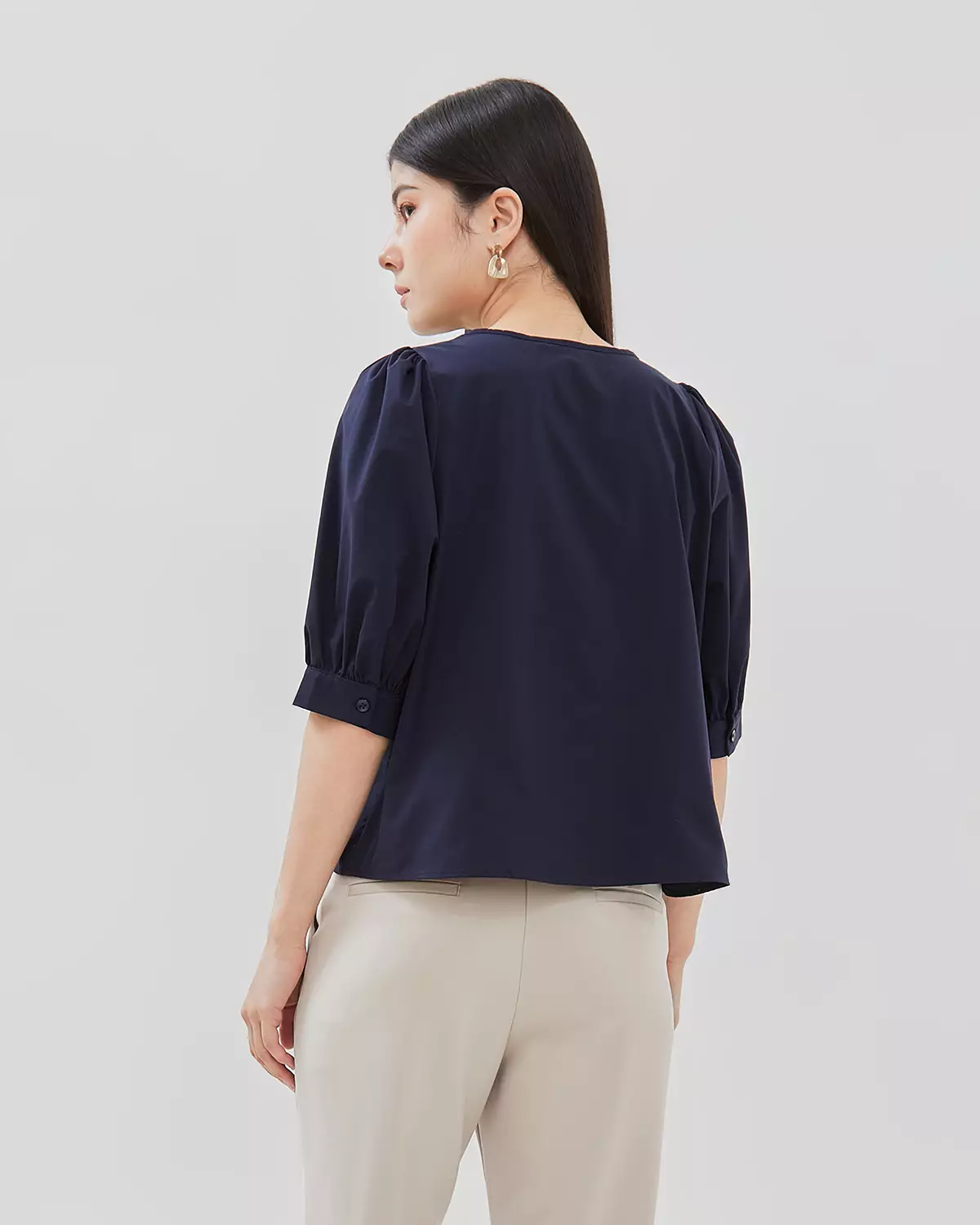 WOMEN'S BLUE V-NECK PUFF SLEEVE BLOUSE