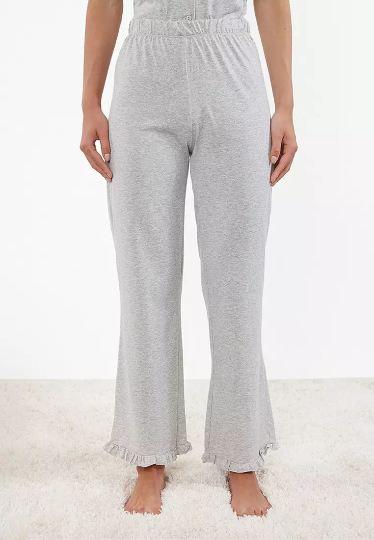 Gray Melange Cotton Ruffle Detailed Knitted Pajama Set THMSS24PT00223