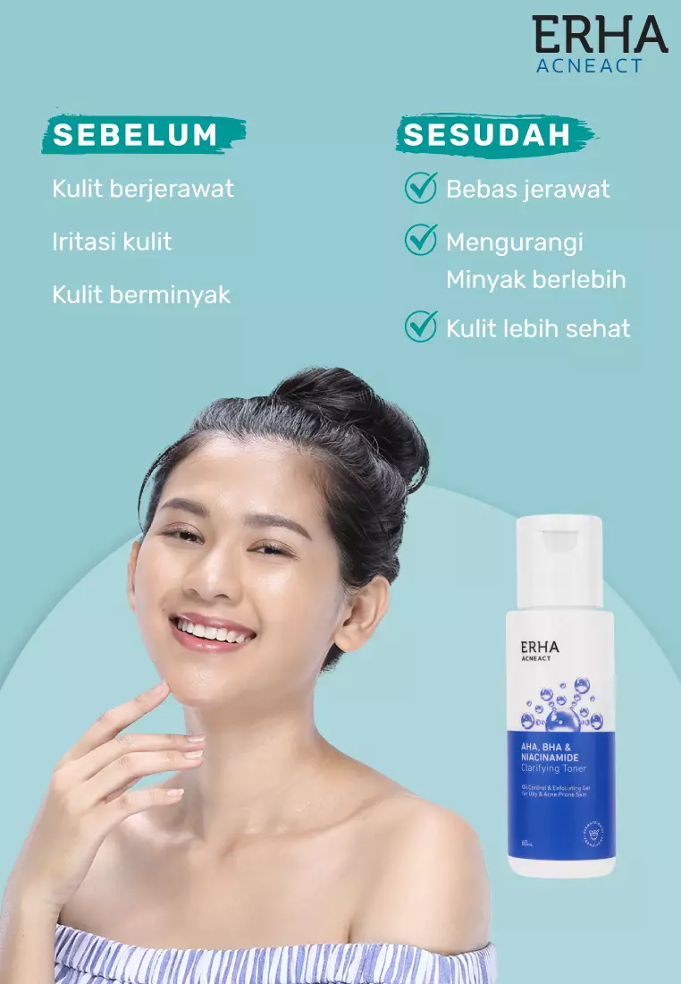 ERHA Acneact AHA BHA & Niacinamide Clarifiying Toner 60ml - Toner Wajah Eksfoliasi  Jerawat & Minyak