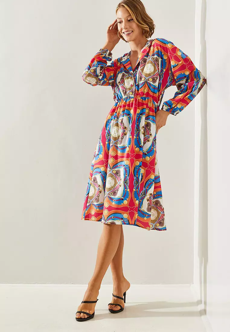 Women's Elastic Waist Chain Patterned Hooded Dress 21805 60251727