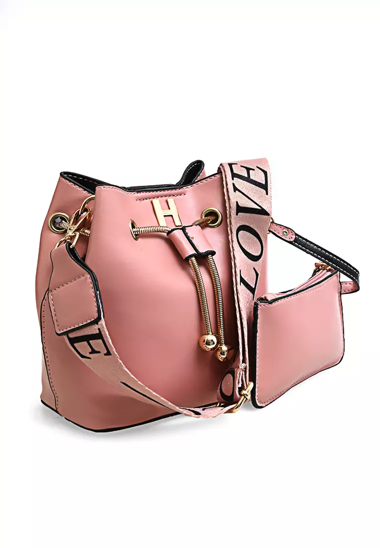 Frede 2In1 Tas Selempang Wanita Model Serut with Long Wallet Material Leather ORIGINAL - Pink