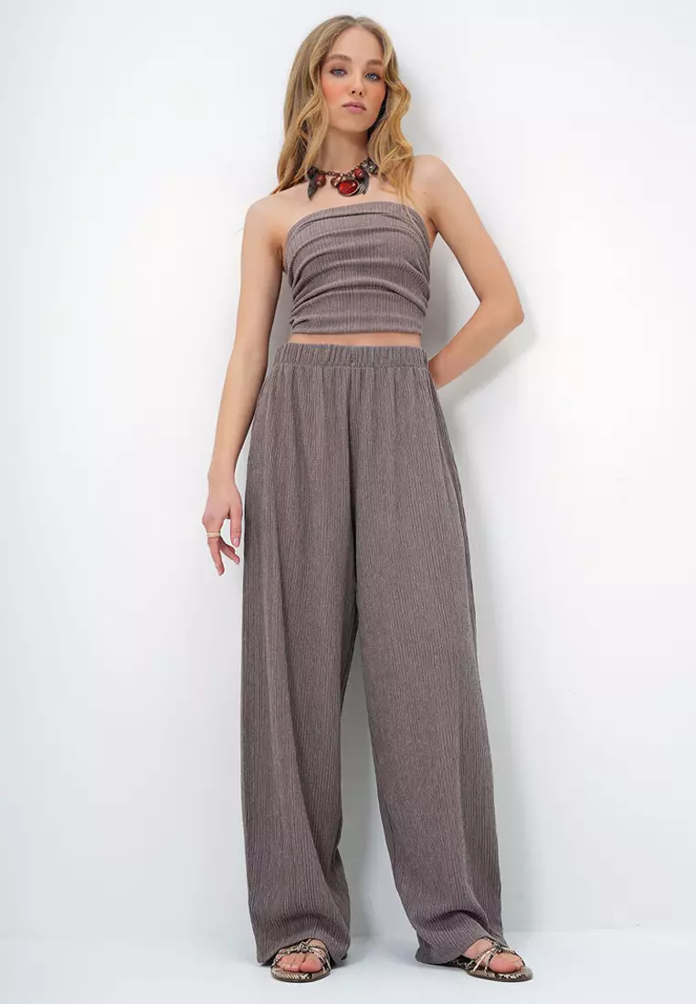 Buy Alacati Bandeau Crop Top Wide Leg Pants Set Online ZALORA