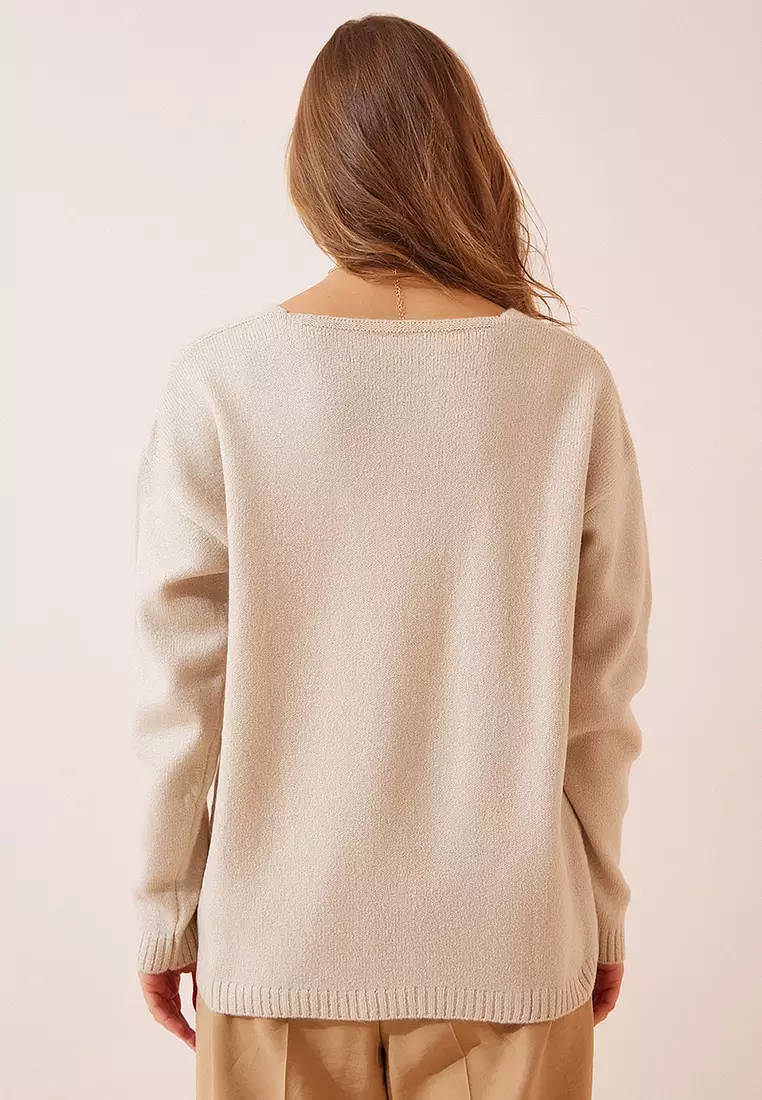 Trendyol Relaxed Fit Basic V Neck Knitwear Plus Size Jumper Maglione, Ecru, 3XL Donna