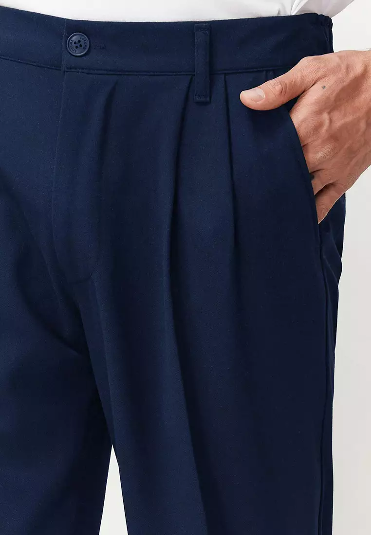 Navy Blue Pleated Classic Baggy Fit Fabric Trousers TMNSS24PL00024