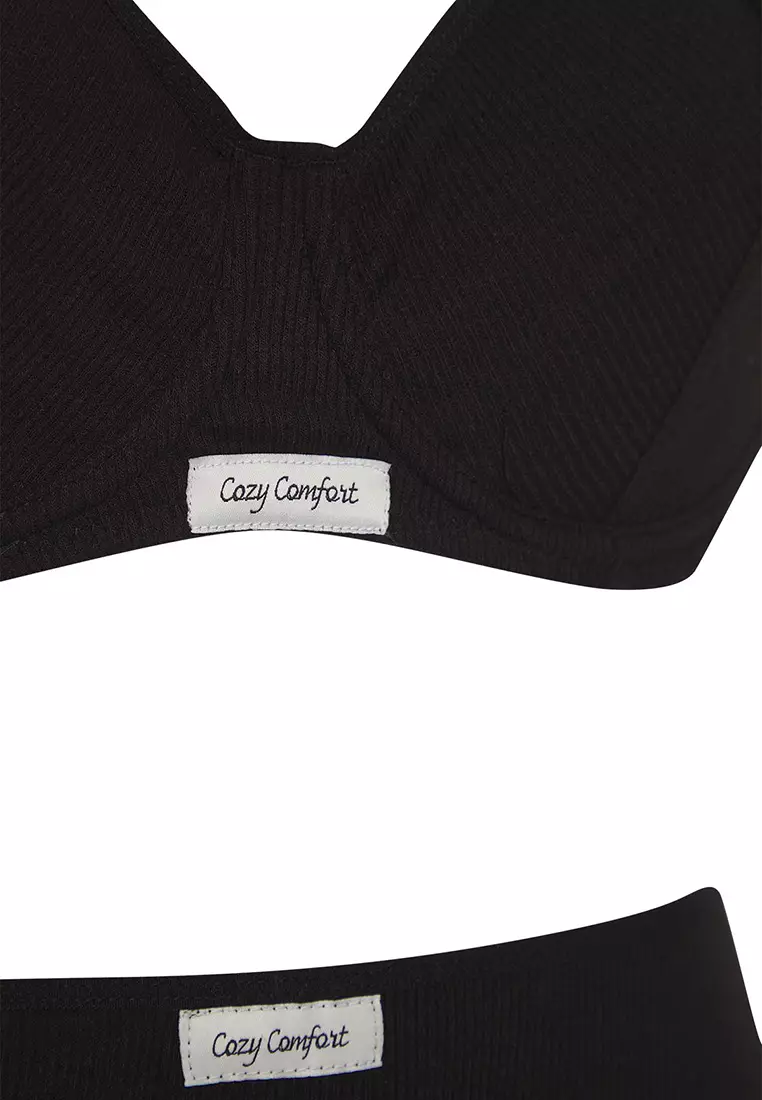 Black Slogan Embroidery Detailed Camisole Knitted Plus Size Underwear Set TBBSS25DG00000