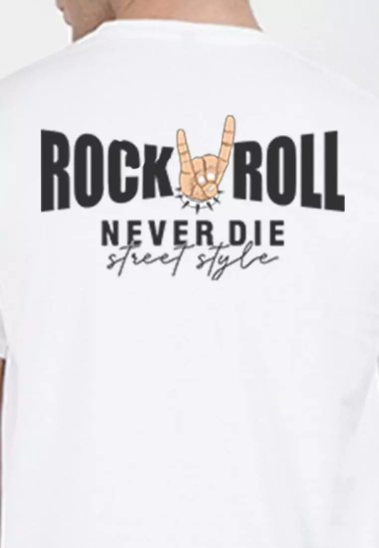 Back Print Rock and Roll White Cotton Short Sleeve Crew Neck Relaxed Tee