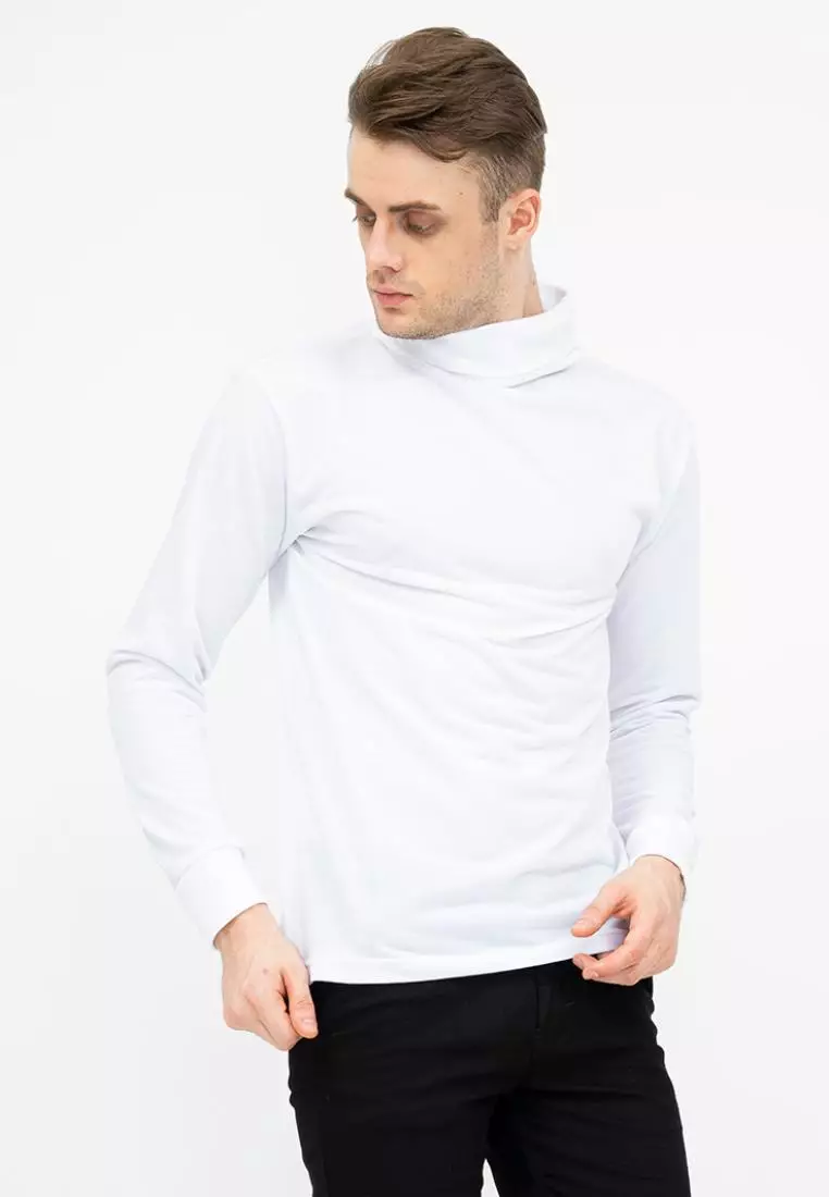 Turtle Neck pria lengan panjang putih kaos kerah tinggi slim fit houseofcuff