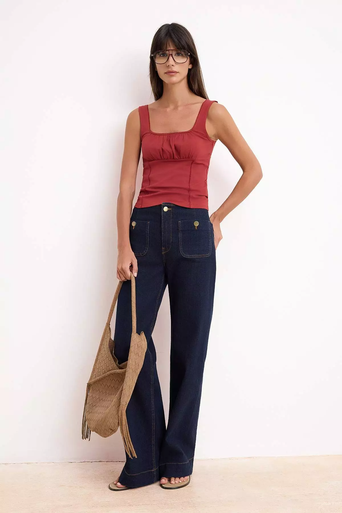 Tile Fitted/Square Neck Thick Strap Sleeveless Cotton Stretch Knitted Undershirt Twoss26Al3