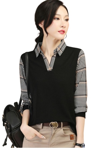 A-IN GIRLS black Elegant Stitching V-Neck Top B5748AAAD03011GS_1