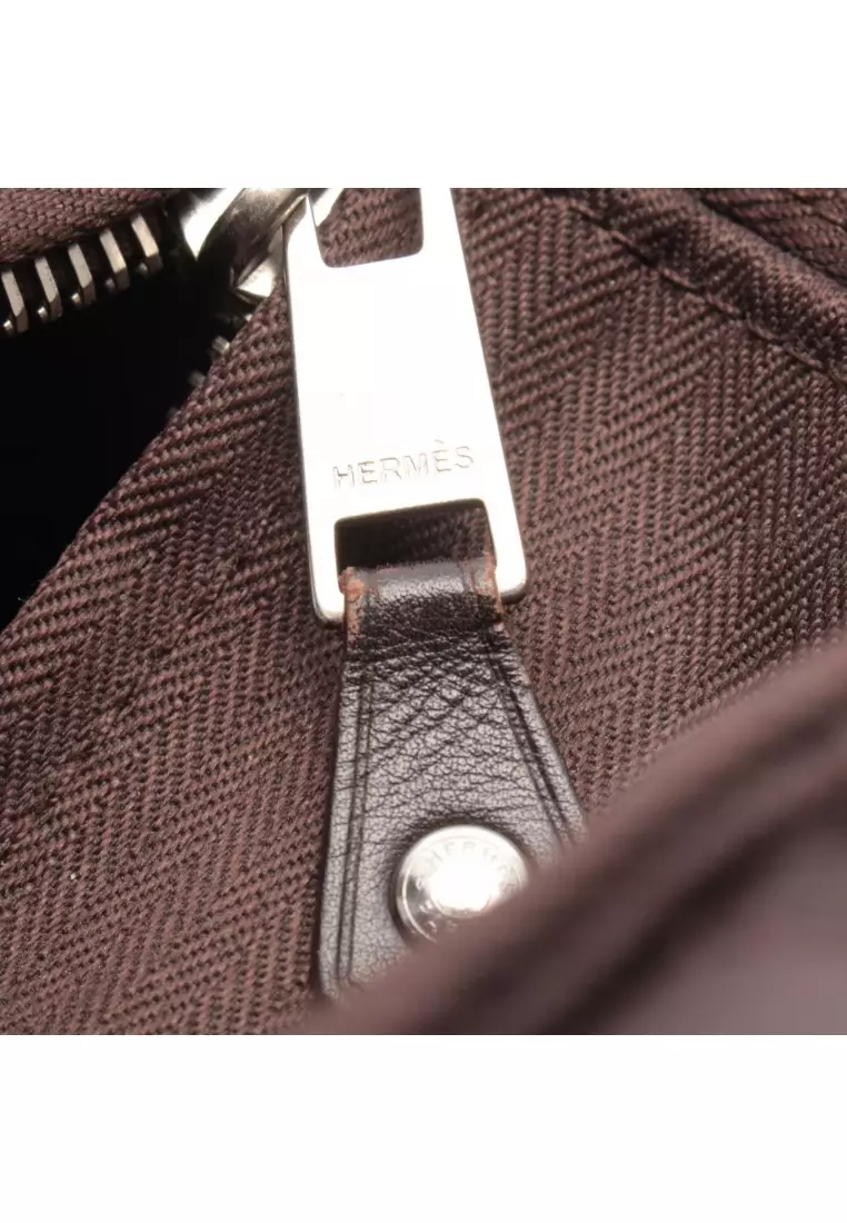 Pre-Loved Hermès Acapulco PM Handbag toile chevron leather Dark brown silver hardware