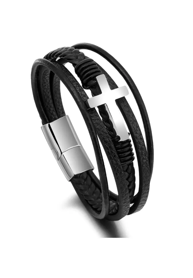 Mens leather clearance cross bracelet