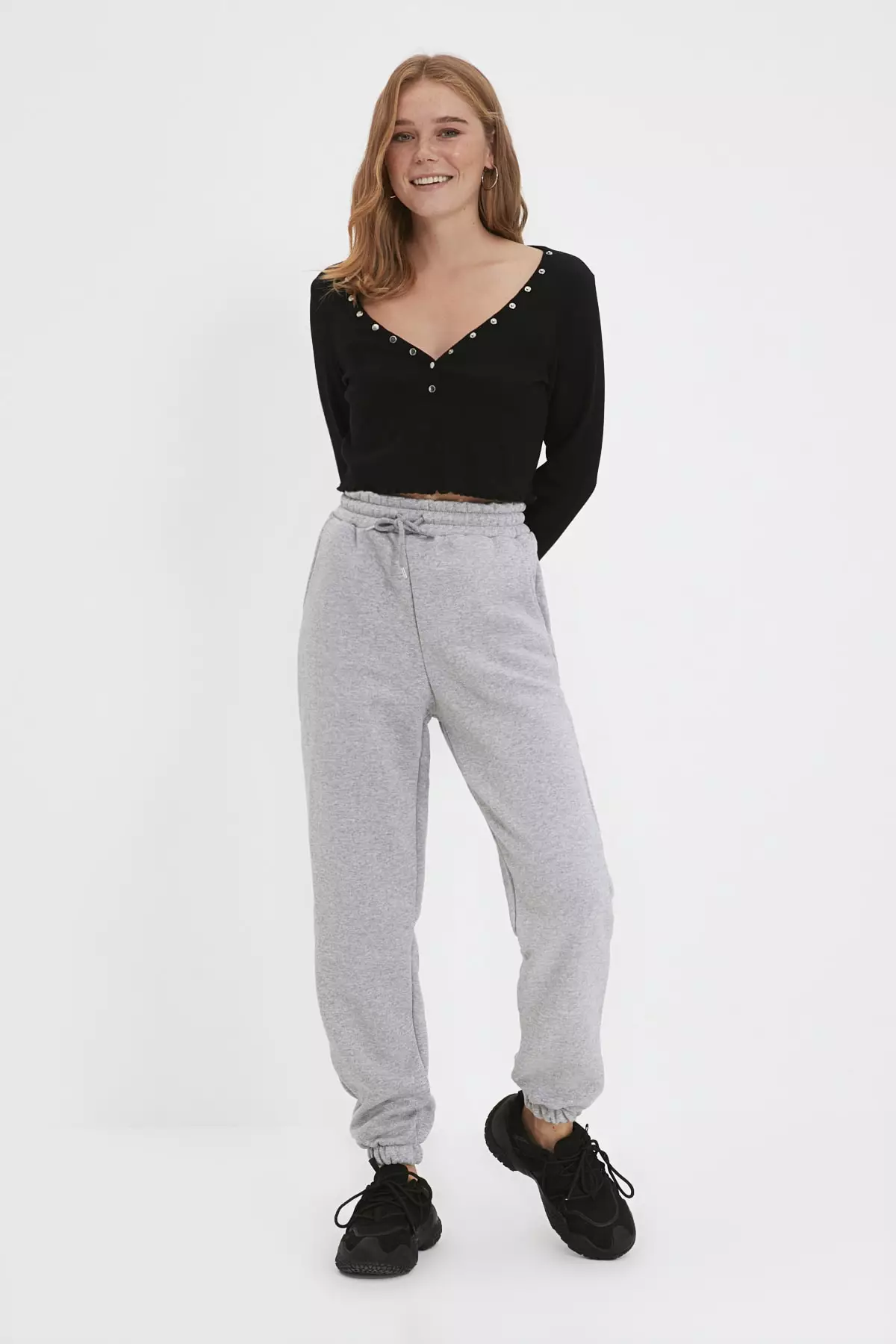 Gray Melange Thick Fleece Inside Basic Knitted Sweatpants Trousers Twoaw22Ea468