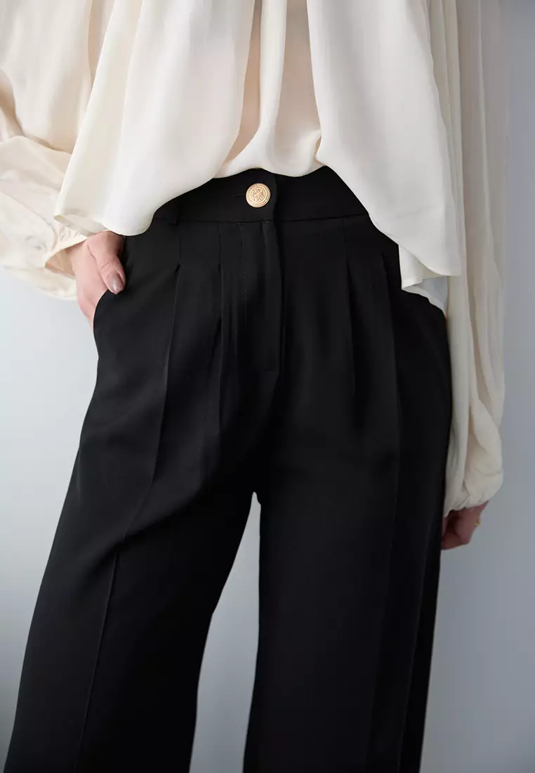 Black High Waist Wide Leg Woven Trousers Twoaw26Pl161