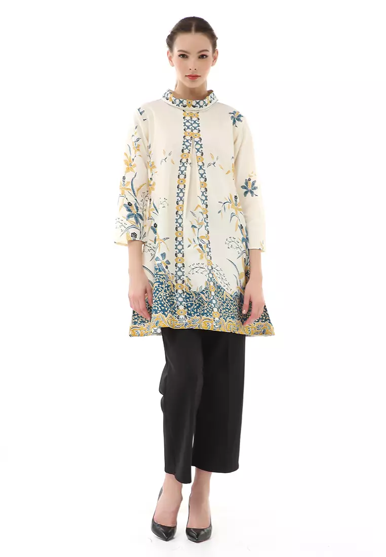 Olaf Atasan Batik Wanita Tunik Traditional Motive Elegant Design Material Cotton ORIGINAL - White Blue Green