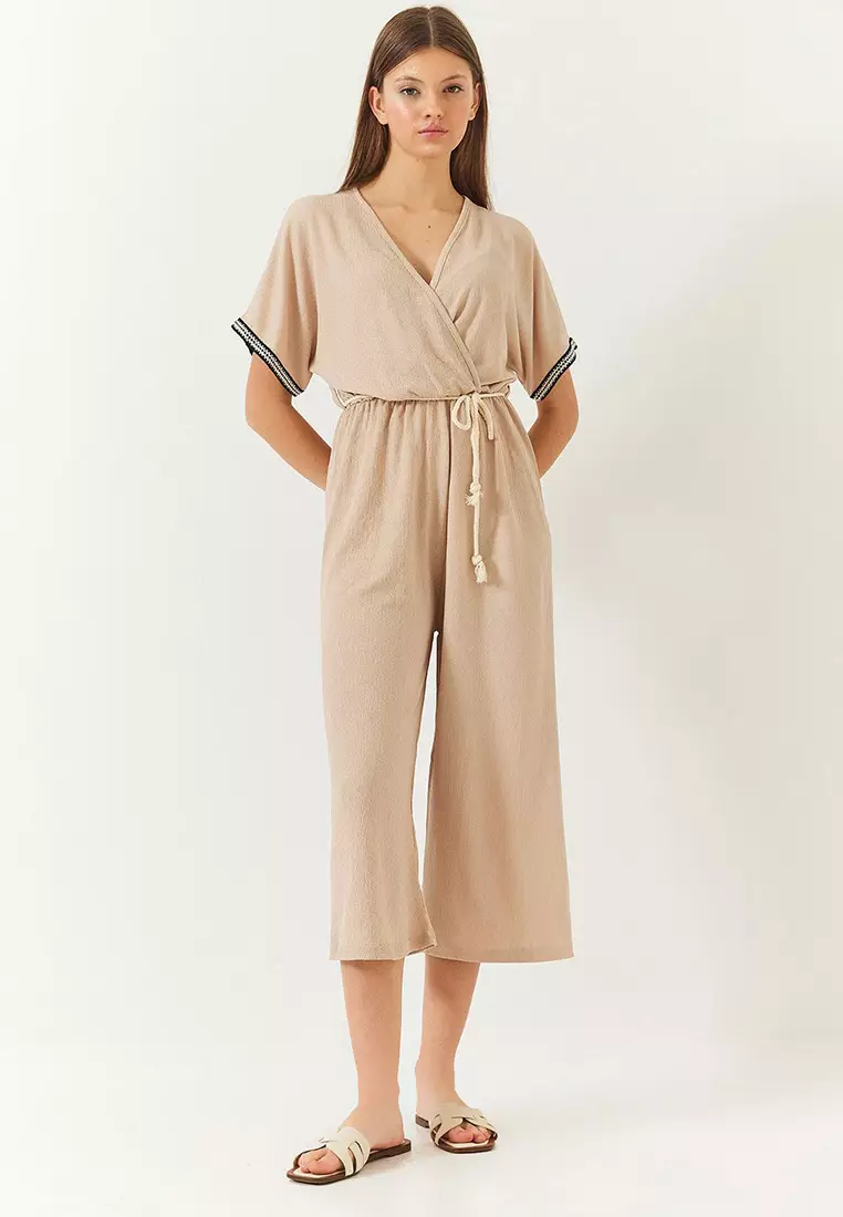 Women's Double Breasted Collar Sleeve Detail Elastic Waist Belted Crinkle Jumpsuit 60261418