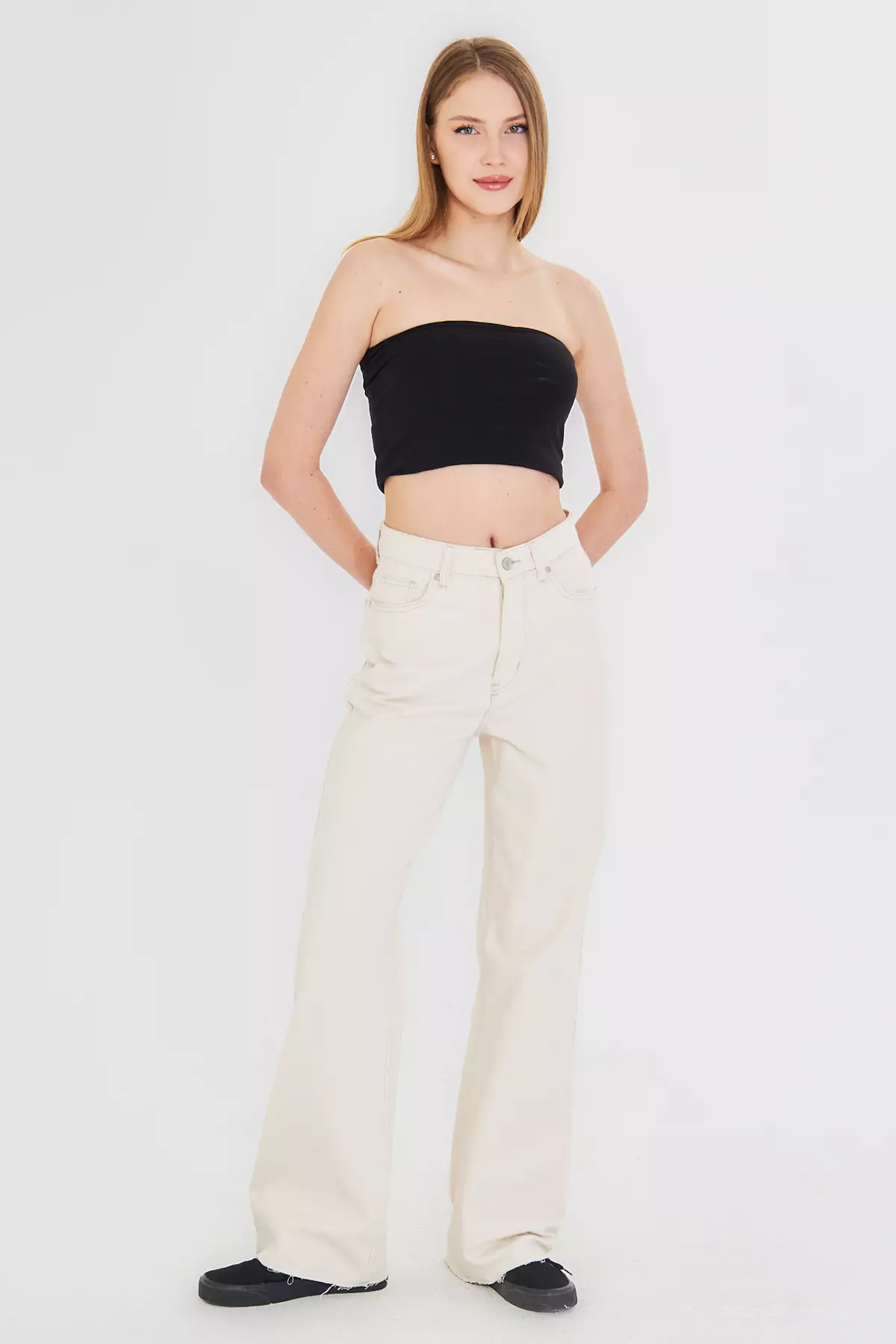 Ecru Cut-Off High Waist Straight Jeans TWOAW25JE00378