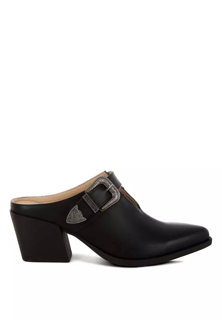 Carved Buckle Statement Mules in Black