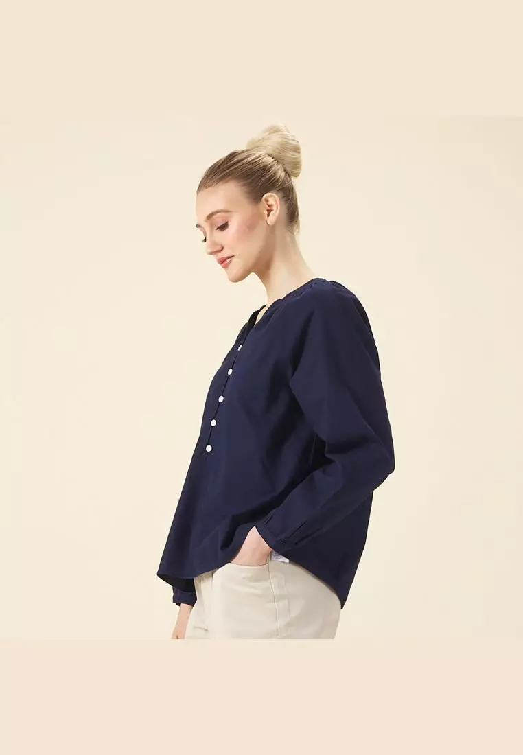Women's Cotton Linen V-Neck Long Sleeves Loose Fit Half Placket Shirt