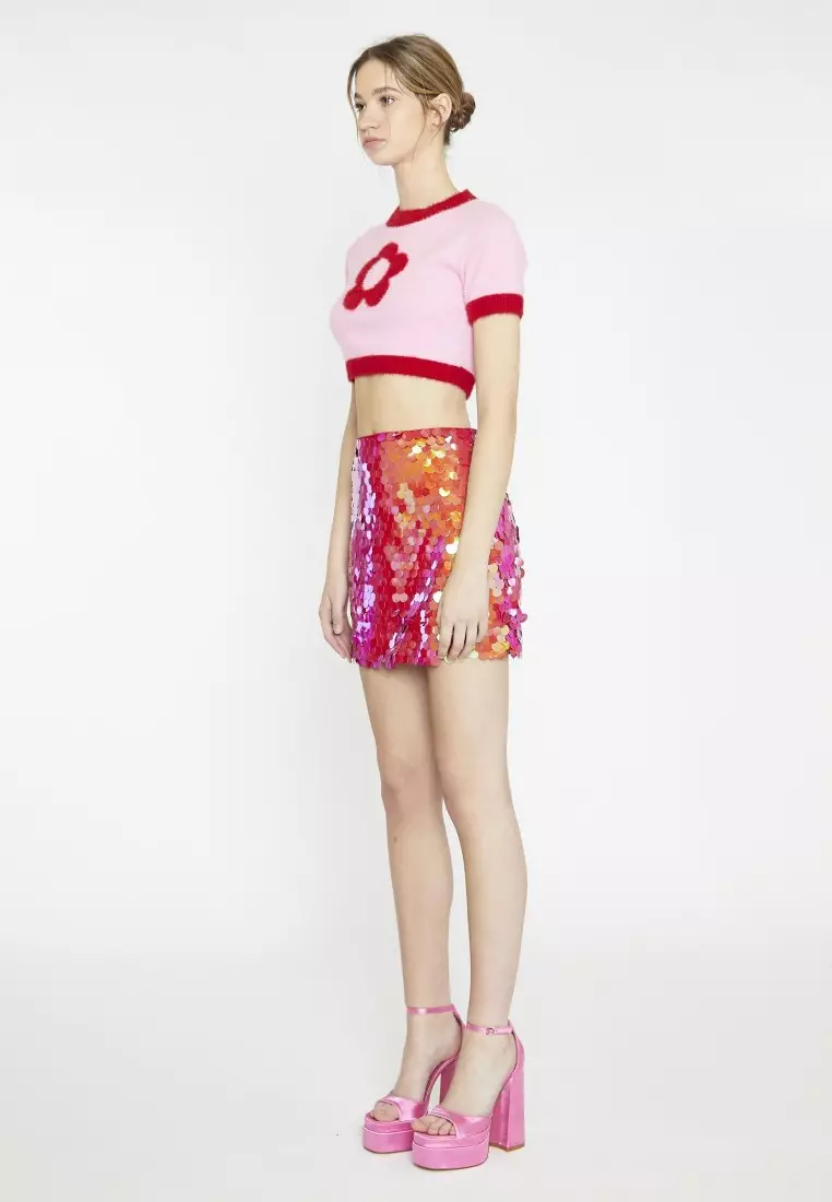Pink-Red Flower Intarsia Knit Crop-Top