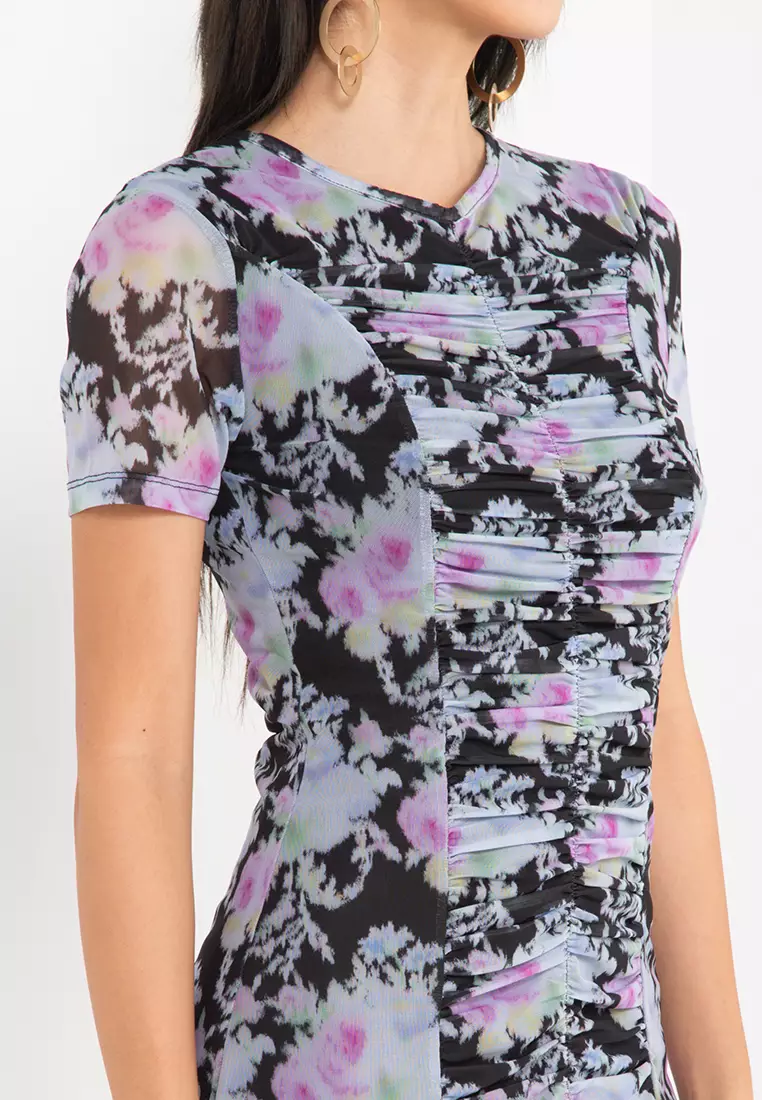 TOPSHOP Floral Ruched Mesh Mini Dress ZALORA