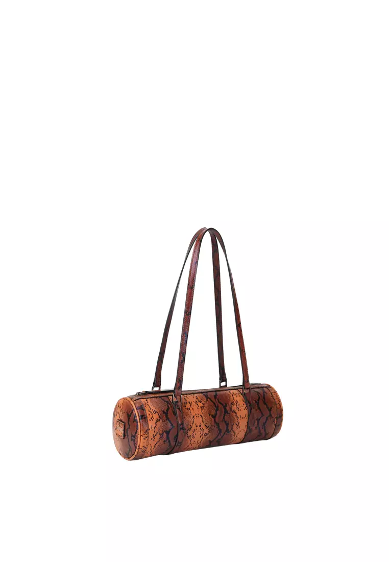 Barrel Baguette Bag - Snake Embossed Camel