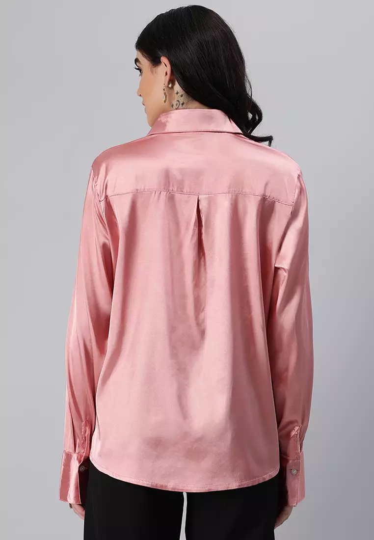 Blush Pink Long Sleeve Satin Shirt Blouse