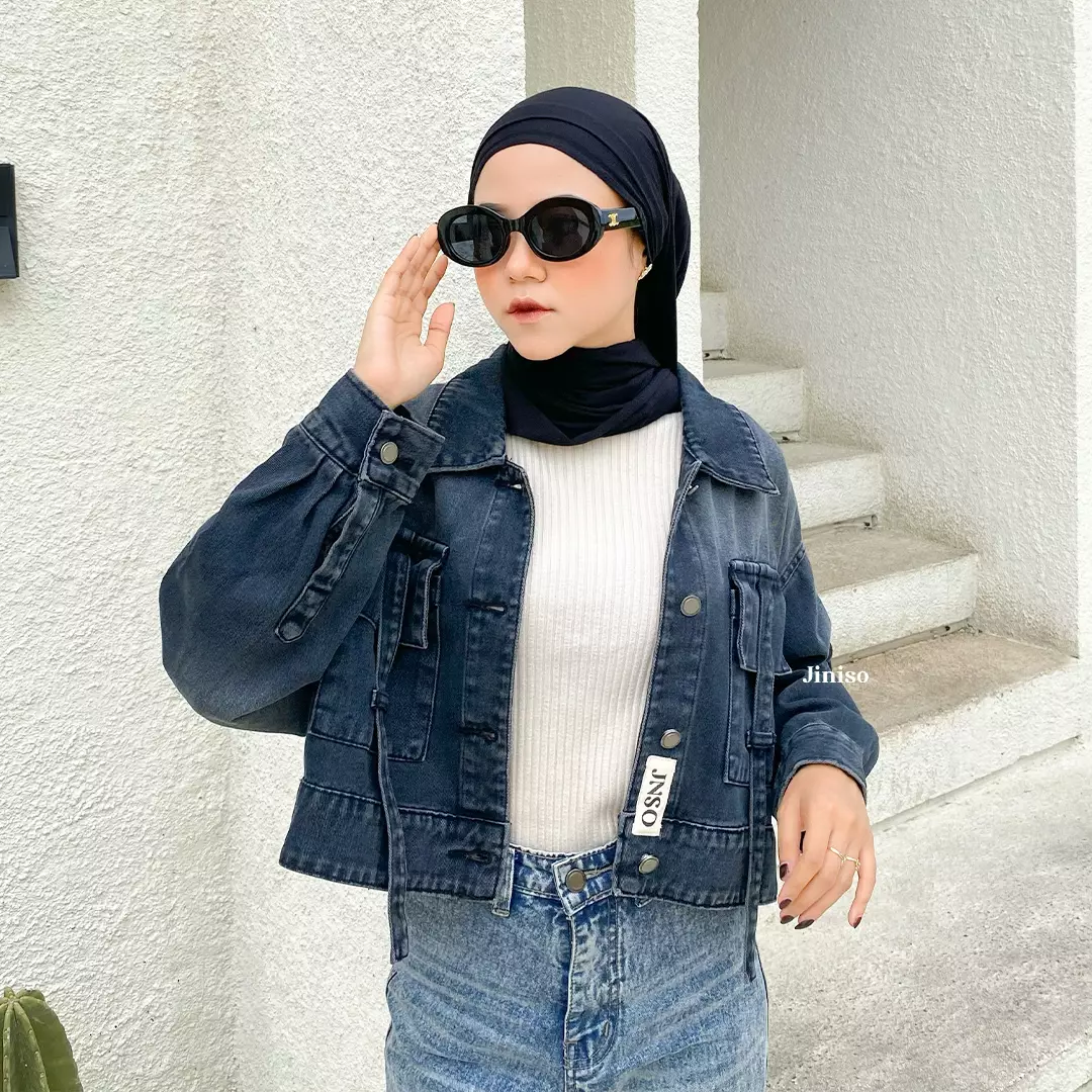 Jaket Crop Jeans Oversize Boxy Black Spray