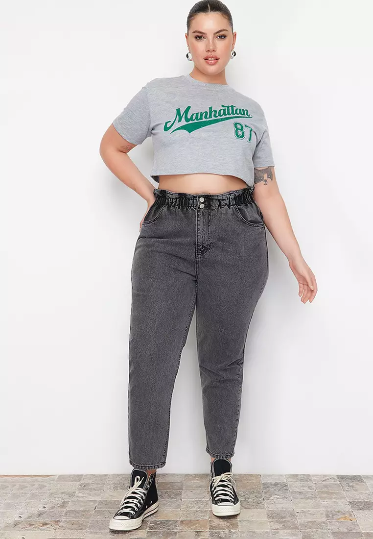 Gray High Waist Elastic Waist Mom Jeans TBBAW23JE00002