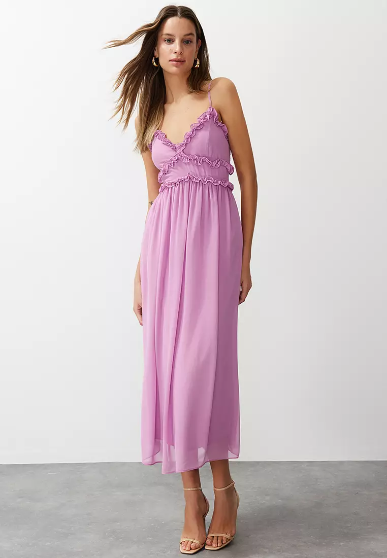 Fuchsia Floral Print A-Cut Ruffle Detailed Lined Chiffon Maxi Woven Dress