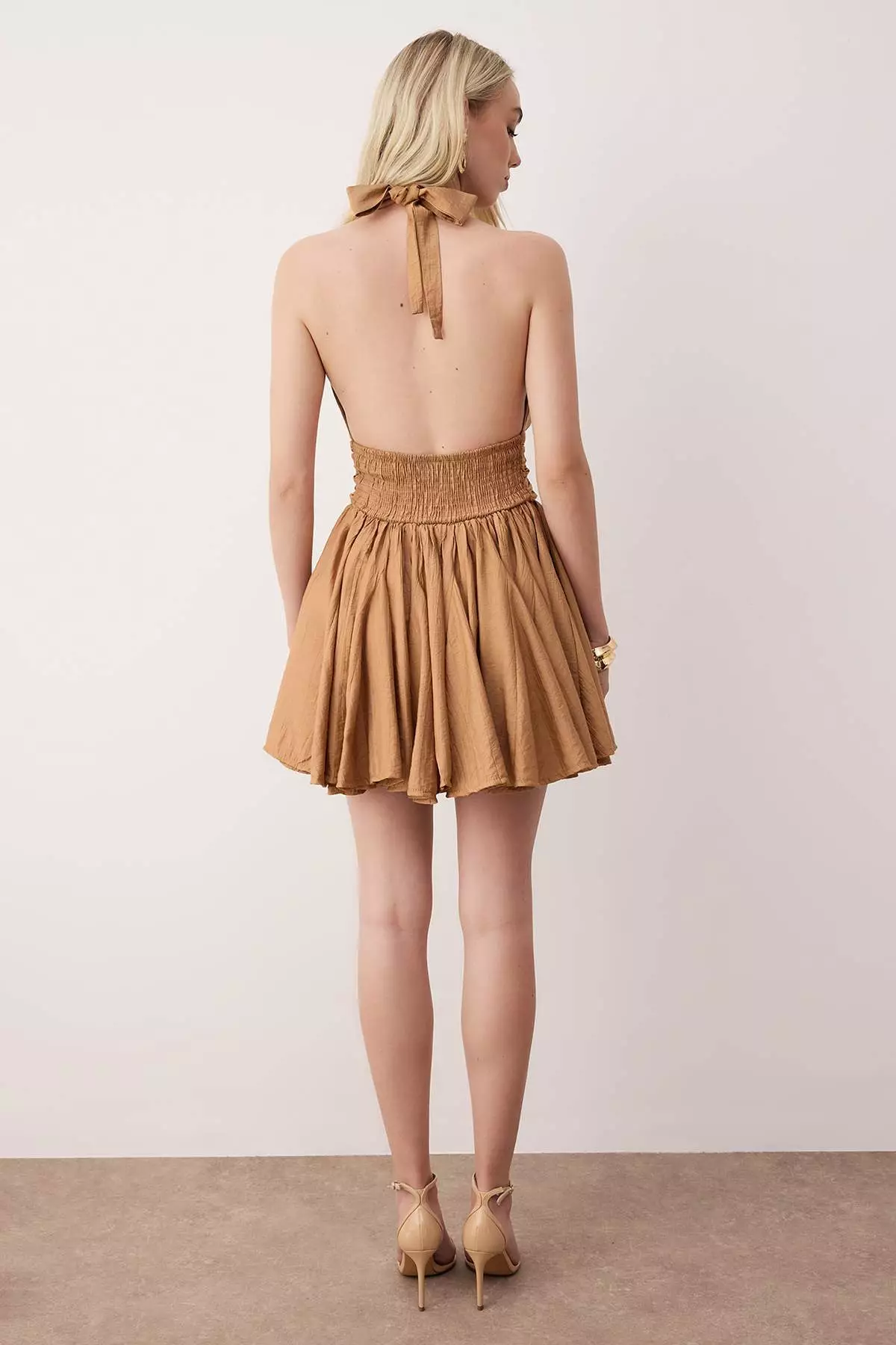 Brown Chiffon Short/Mini Dress With Skater Drop Detail