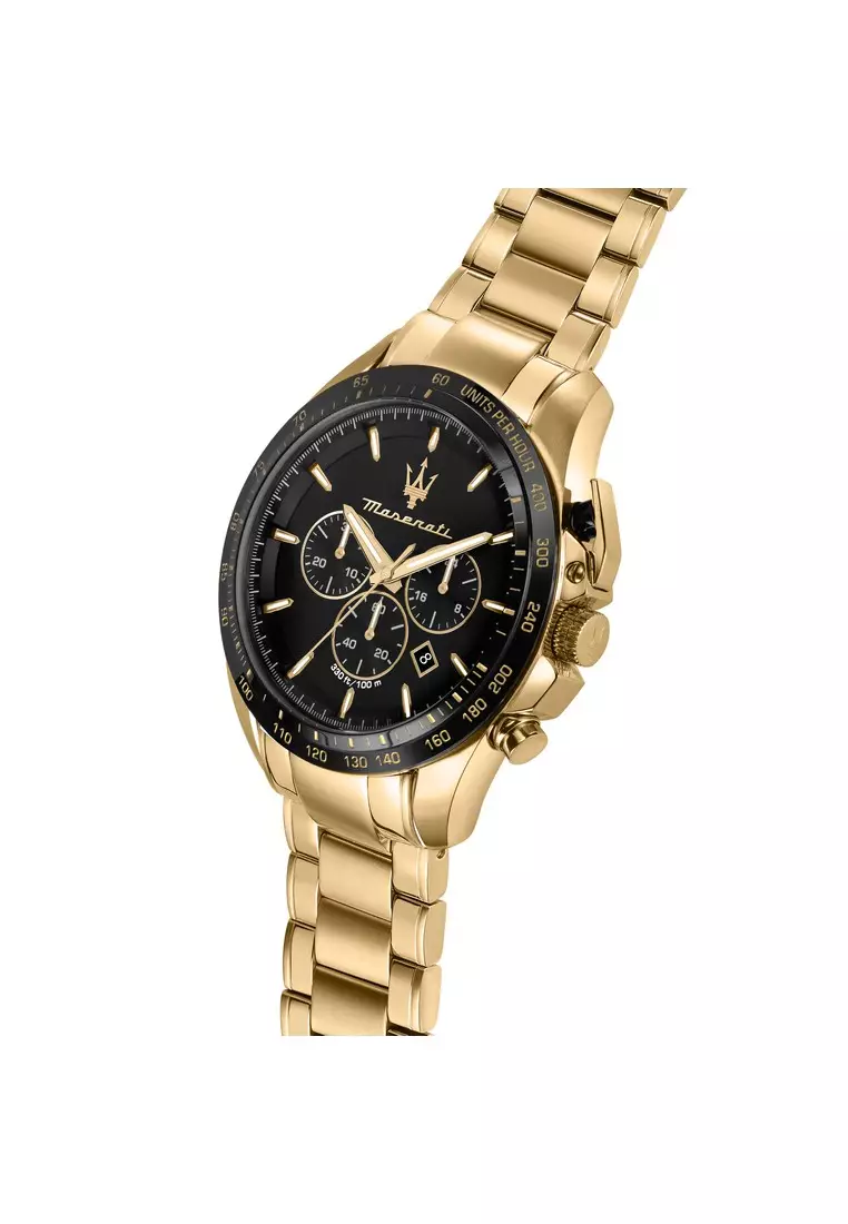【2 Years Warranty】Maserati Traguardo 45mm Black Dial Gold Stainless Steel Strap Men's Chronograph Quartz Watch R8873612041 With Luminous Dial Hands