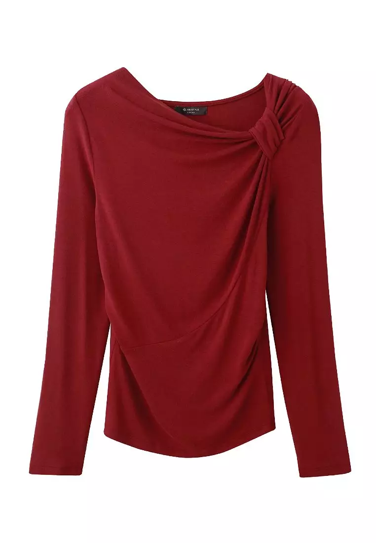 Solid Fit Long-Sleeve Top with Gathered Waist and Ruched Neckline [AB19958]