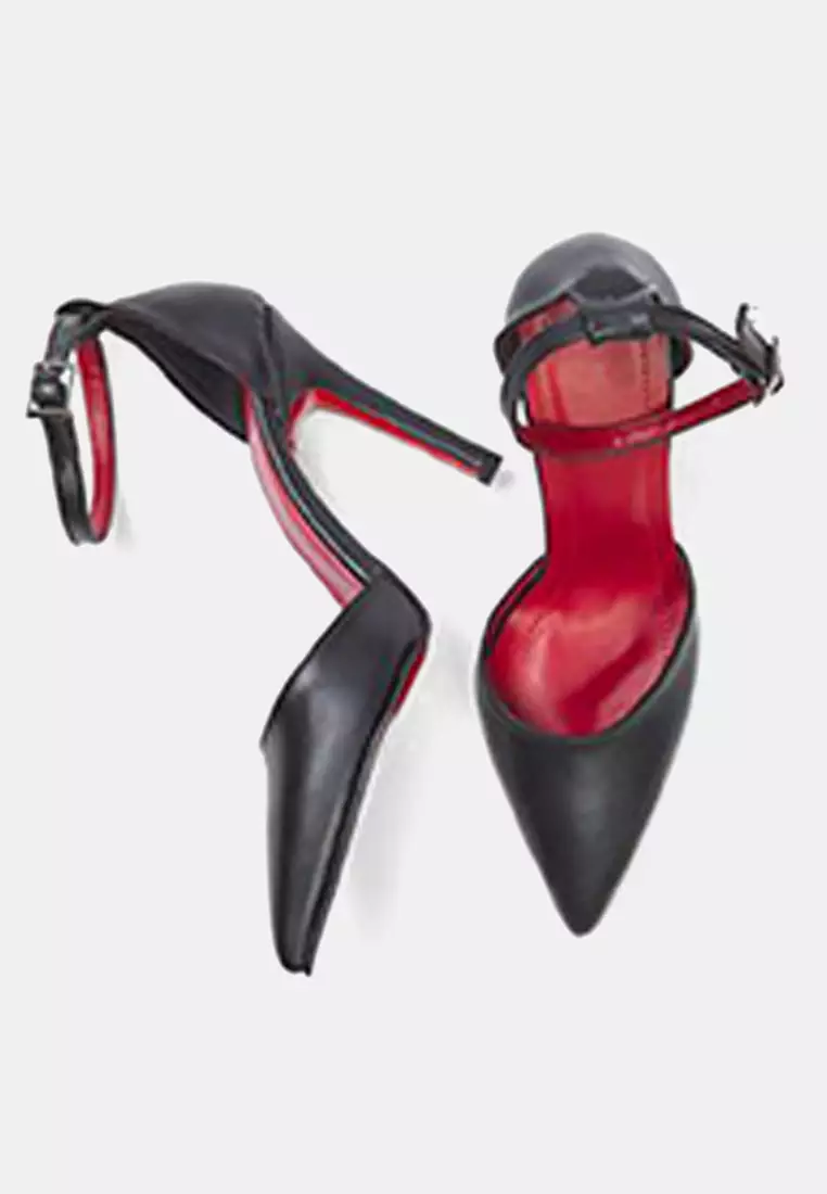 Black Ankle Strap Pointed Toe Women Stiletto Thin Heels Shoes Takss25To00089