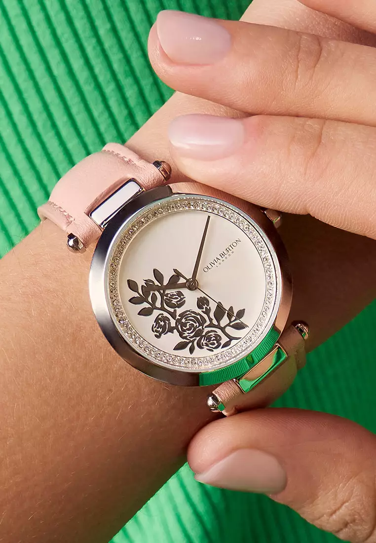 Olivia Burton 34mm Floral T-Bar Rose & Silver Leather Strap Watch - 24000046