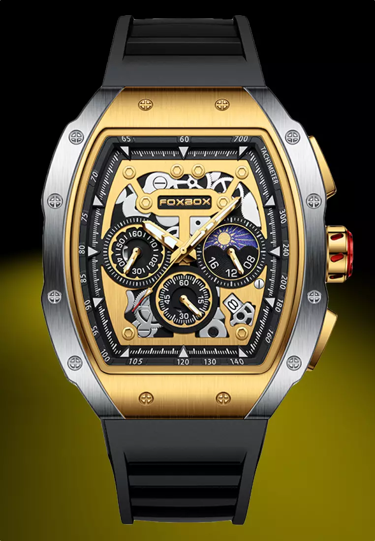 FOXBOX Chronograph Unisex IP Gold & Stainless Steel Quartz Watch, 52x45mm, Gold Color dial on Rubber Strap