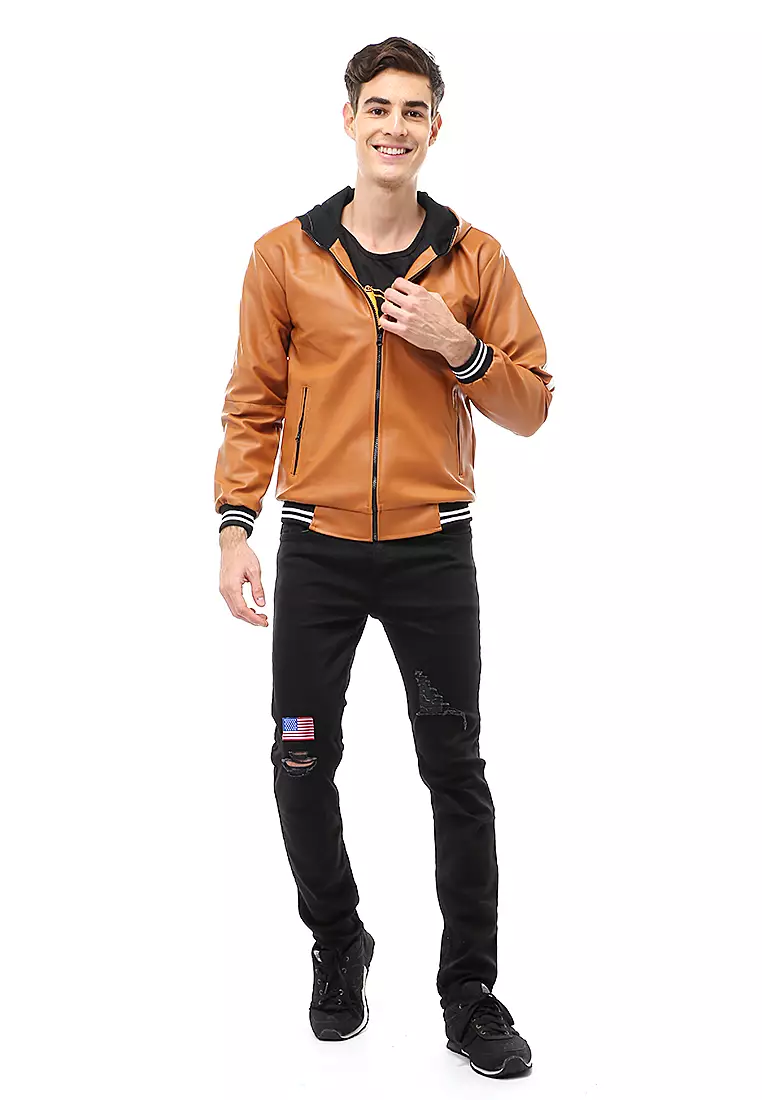 Halbert Outerwear Jaket Kulit Hoodie Pria Model List Material Leather ORIGINAL - Tan