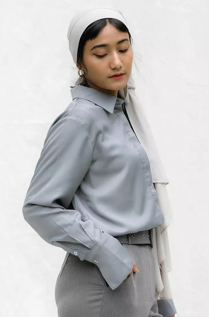 Jual Yucca Modest Basic Long Sleeves Shirt Kemeja Wanita Polos Premium Grey Yucca Modest