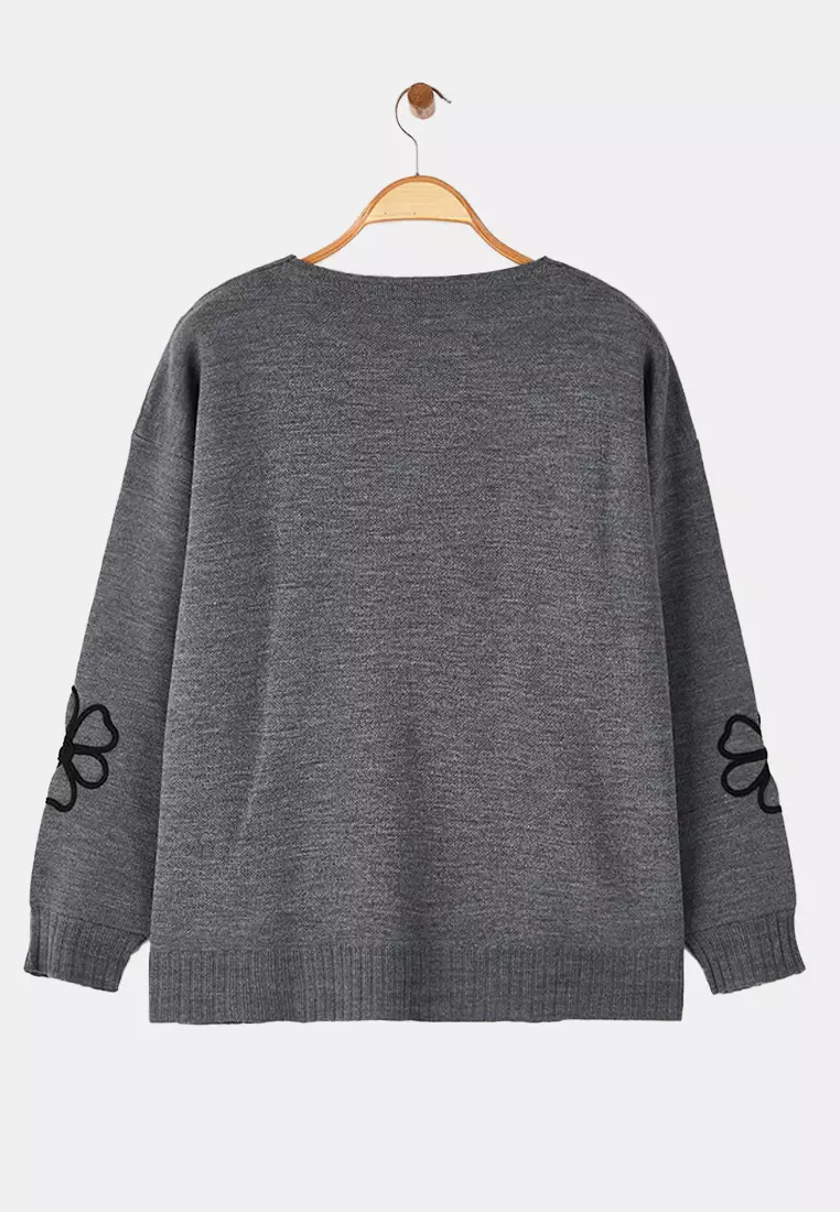 Anthracite Embroidery Detailed V-Neck Knitwear Cardigan Tbbaw26Av00018