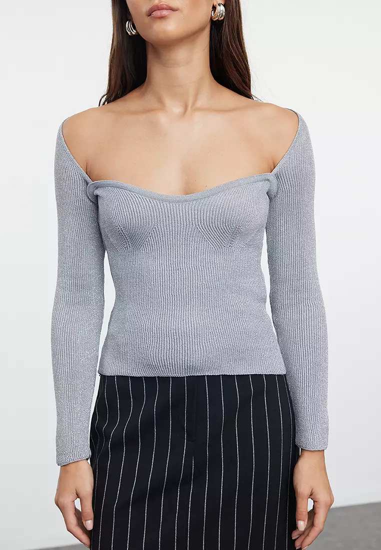 Yarn Knitwear Sweater Gray Glitter