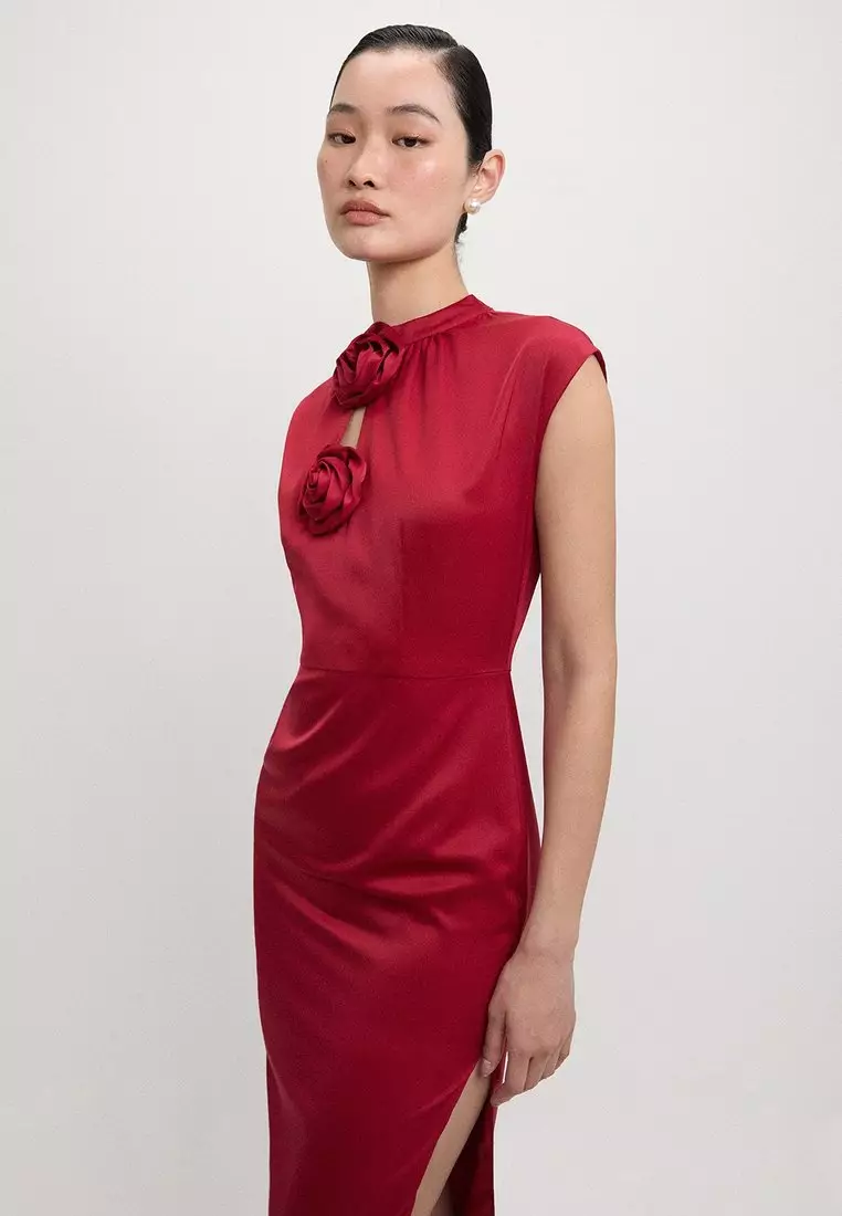 Rose Accent Maxi Dress - Red