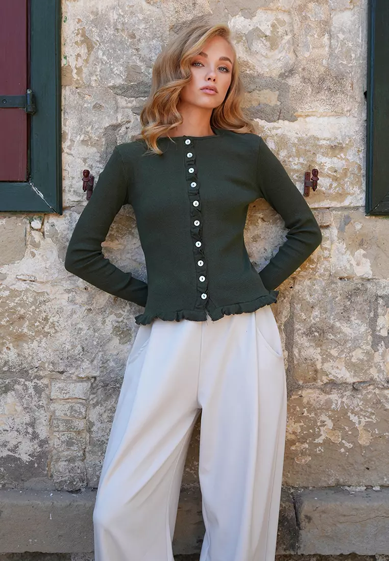 Women's Olive Green Crew Neck Ruffle Detailed Button-Front Knitted Blouse Alc-X14533