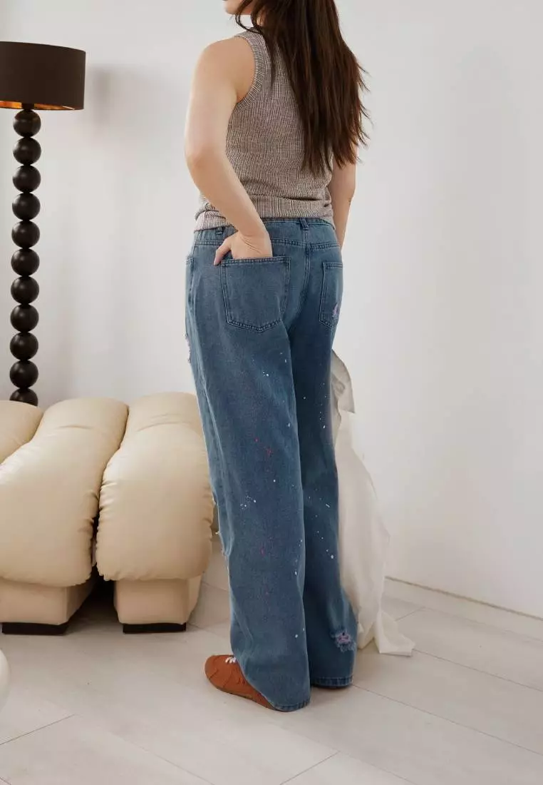 Contrast Splatter Paint Distressed Cotton Denim Jeans [BA7439]