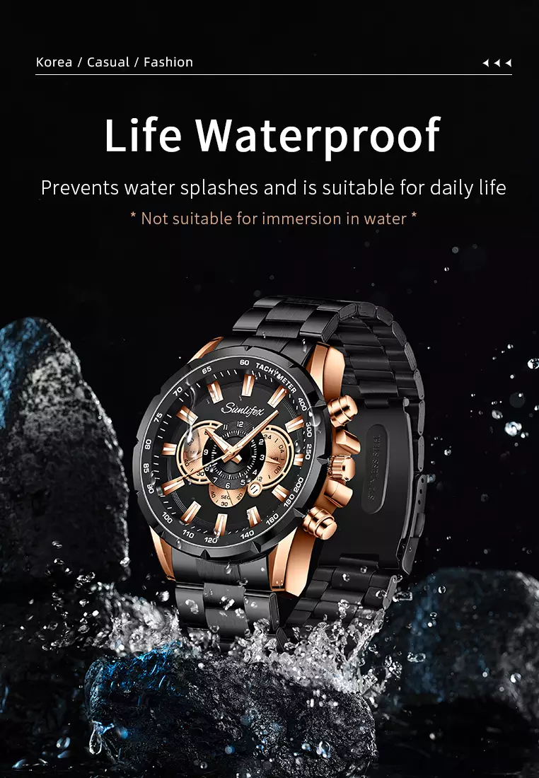 Jam Tangan Pria 3351 Kalender Kuarsa Jam Tangan Cowok Santai Tali Stainless Steel Original  blackgold