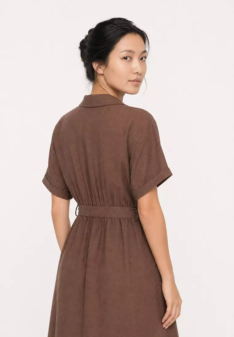 Shirt Collar Belted Short Sleeve Red Midi Summer Dress F2113Ax25Sm
