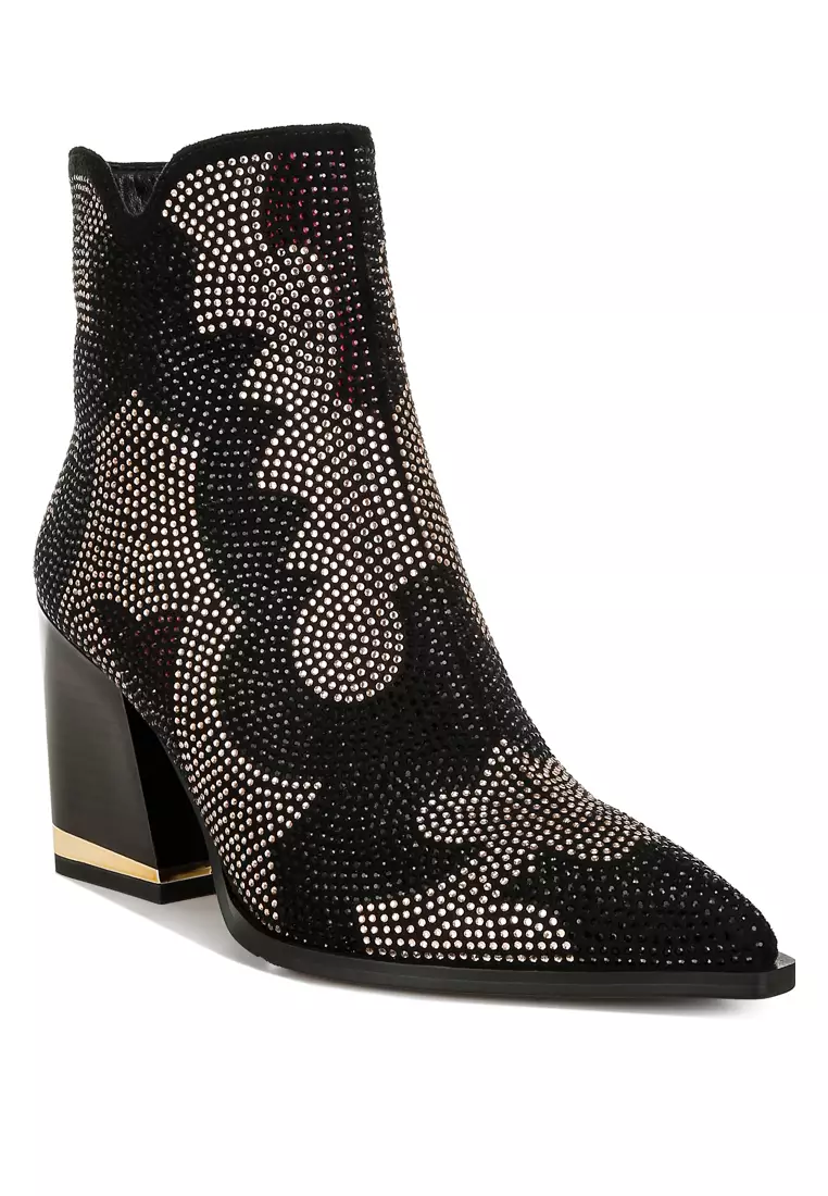 Buy London Rag Rhinestones Embellished Block Heel Boots in Black 2026 ...