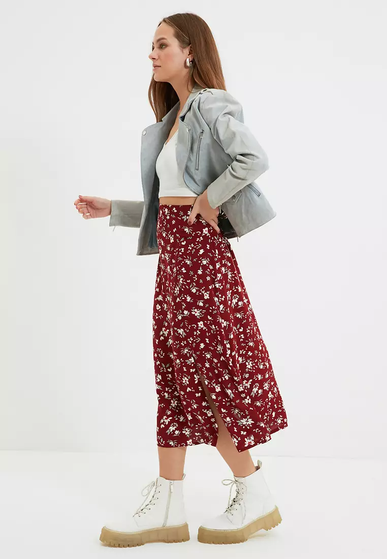 Floral Patterned Midi Skirt with Slit Detail