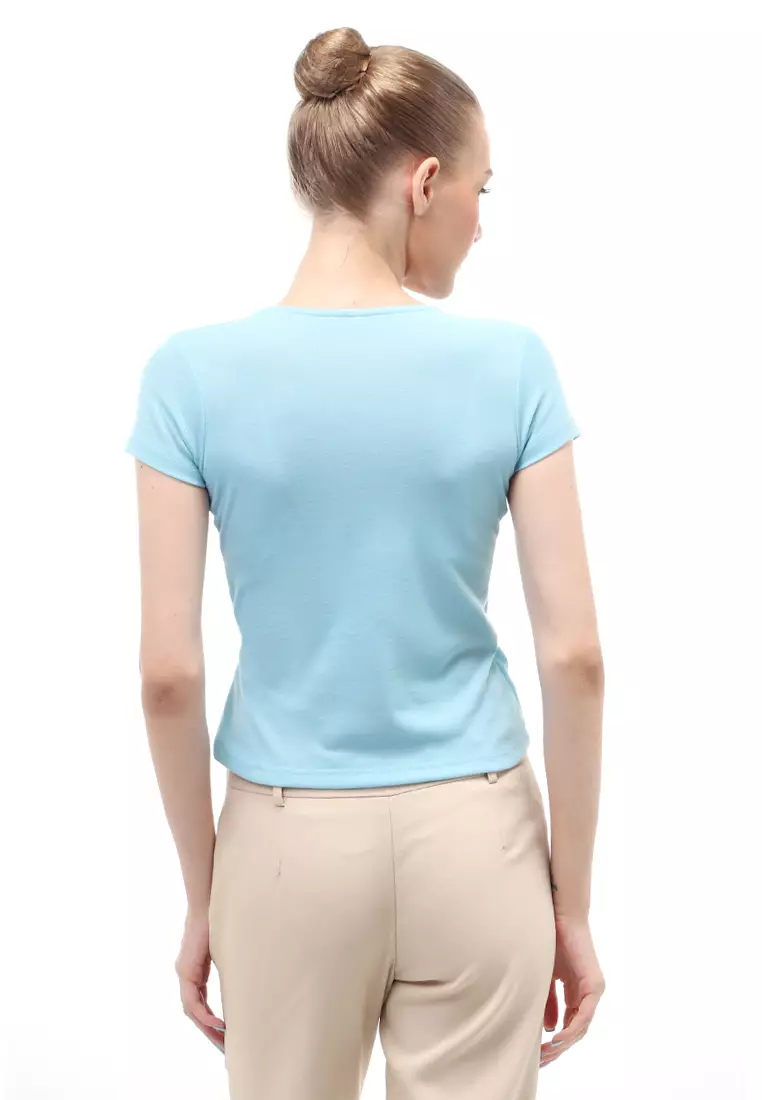 Blouse Atasan Wanita Short Sleeves Kerah V-neck Design Simple Elegant - Blue