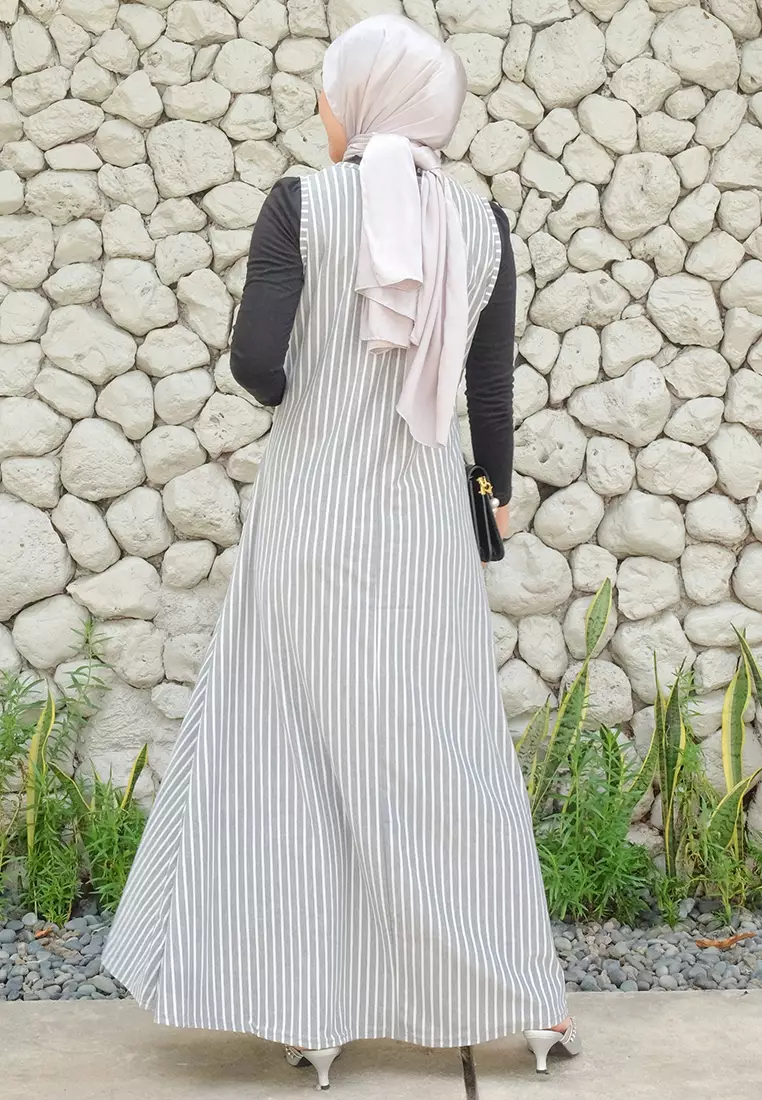 JV Hasanah Sheilla Sleeveless Big Stripes Dress Silver | Gamis Kensy Inner Salur