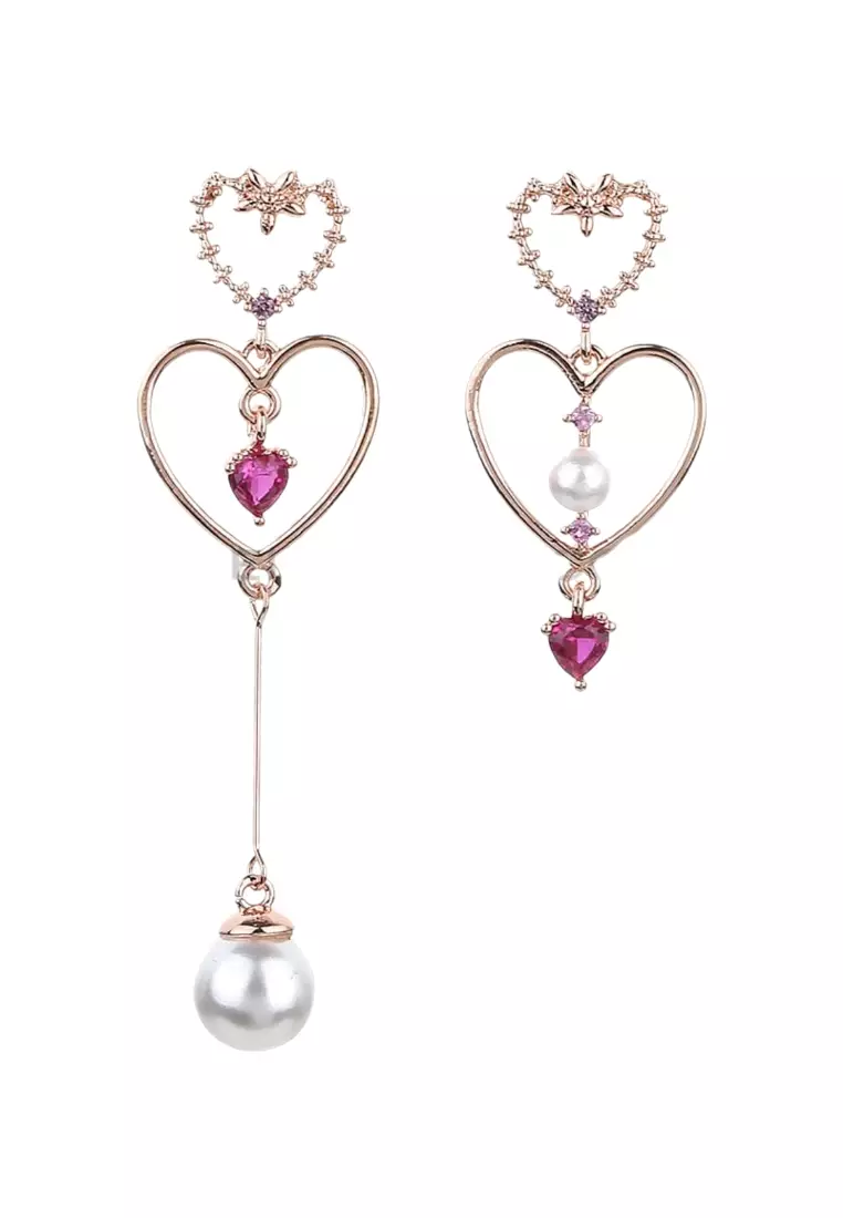 Korean Sweet Mismatched Heart Pearl Gem Stud Earrings Rose Gold